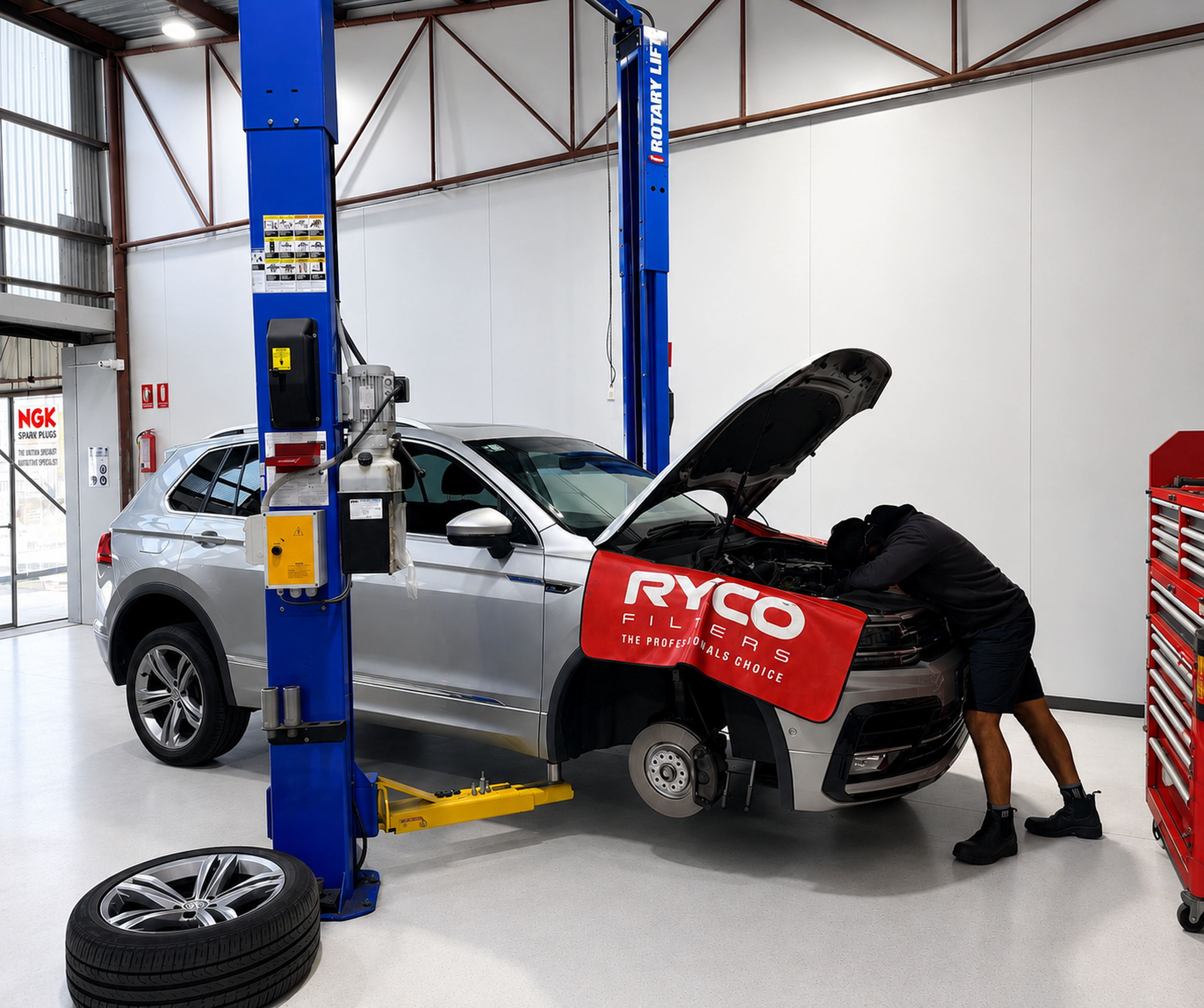Automotive Insight technician working under the bonnet of a Volkswagen on the hoist, Shenton Park
