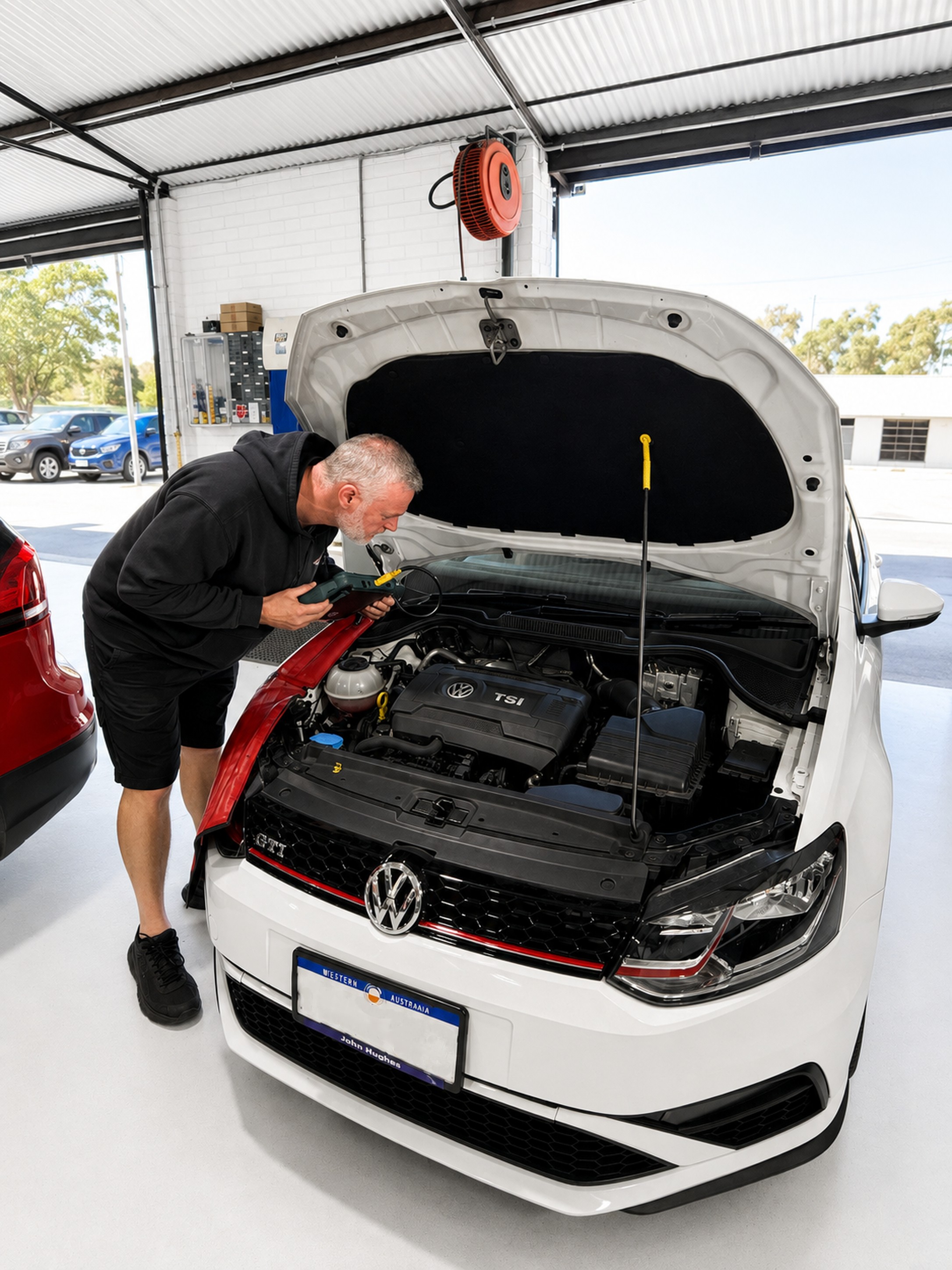 Automotive Insight technician inspecting the engine bay of a Volkswagen Golf GTI