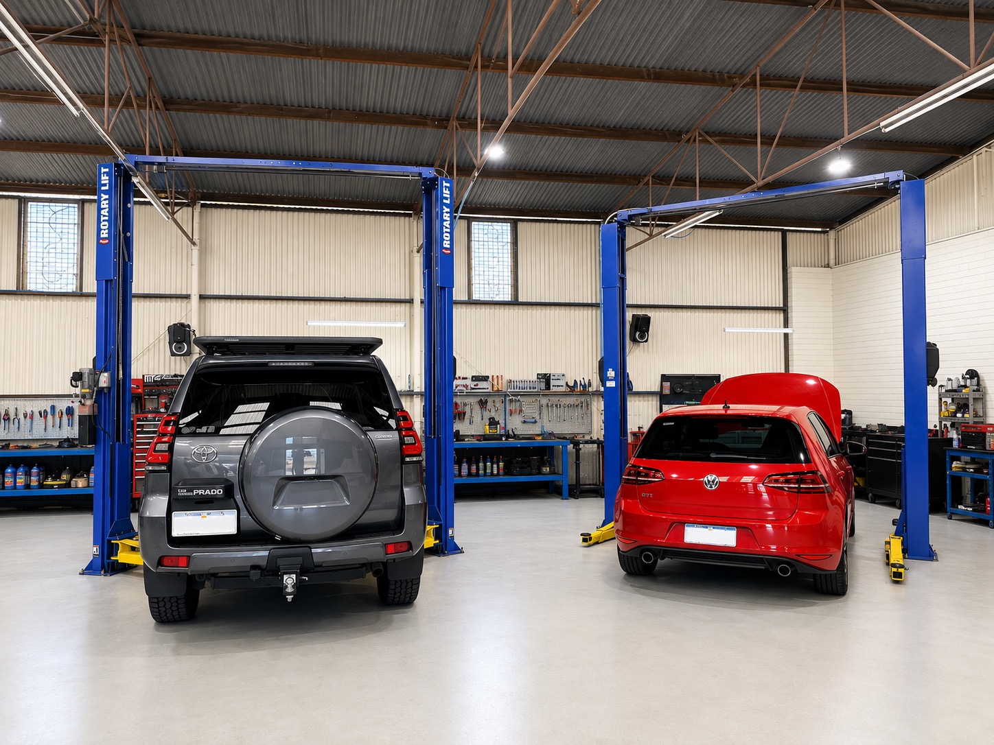 Toyota Prado and Volkswagen Golf GTI on the hoists at Automotive Insight, Shenton Park